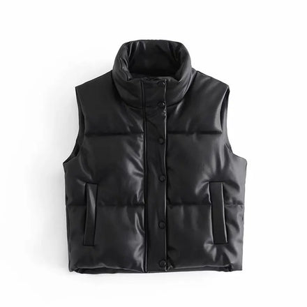 Fashion Fall 2023 Women Clothes Female Puffer Jacket PU Leather Quilted Women's Vests Waistcoats