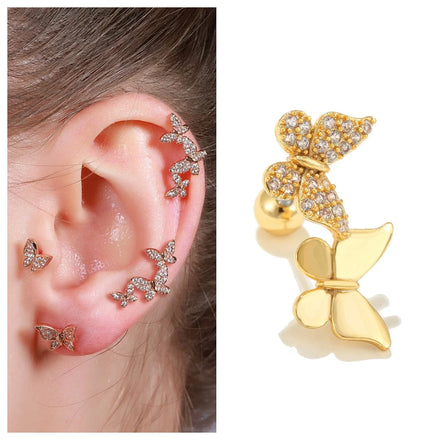 ZUOLA Fine Piercing Classic Temperament Zircon Butterfly Earrings 18K Gold Plated Lock Ball Screw Twist Female Ear Bone Studs