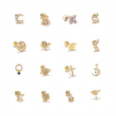 ZUOLA Trendy Piercing Jewelry Hypoallergenic Titanium Gold Plated Moon Star Shaped Zircon Cartilage Stud Earrings Daily Wear