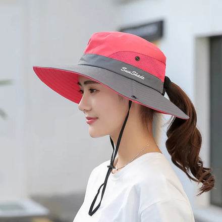 Women Summer Wide Brim Ponytail Cap Waterproof Breathable Camping Fishing Sun Protection Floppy Visor Mom Kids Bucket Hats