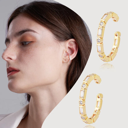 Fine Fantasy Luxury Emerald Eternity Clip on Studs Ear Psj Brass 18k Gold Plated Cubic Zirconia Cuff Earrings for Women Girls