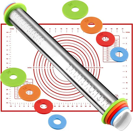 Stainless Steel Rolling Pins with Adjustable Thickness Rings and Fiberglass Pastry Baking Mat Set Rolling Pins & Pastry Boards