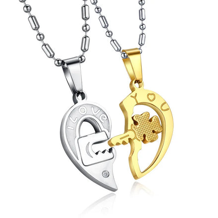 2 Pcs/Set I Love You Necklace Jewelry Set Heart Pendant Lock Key Pendant Necklace for Girl and Boy Lover's Gift Wholesale