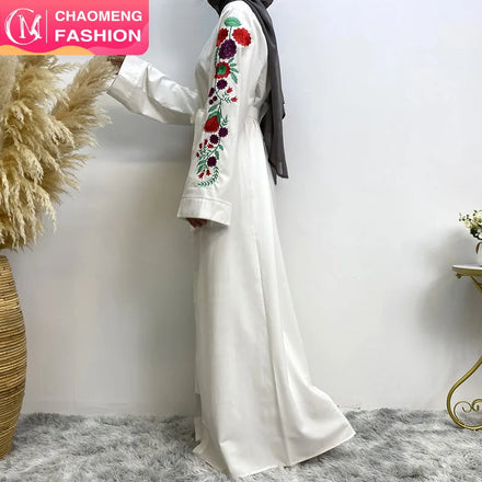 1713# Colorful Embroidery Flowers Loose Sleeves Pretty Elegant Simplicity Open Abaya 2 Colors