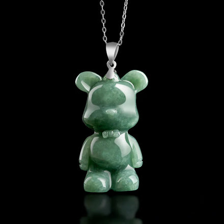 Fashion Cute Natural a Goods Jade Bear Pendant Jadeite S925 Silver Inlaid Jade Pendant for Women Girl