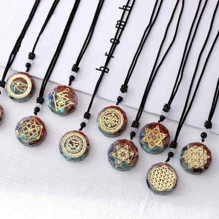Vintage Healing Citrine 7 Chakra Strand Pendant Necklace with Natural Stone Gravel and Mysterious Symbol for Yoga Meditation