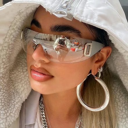 Custom Logo Luxury Women's Y2K Punk Style Rimless Eyewear Goggles UV400 Sport One Piece Lens Sunglasses Women