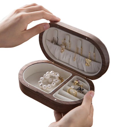 Small Trinket Oval Storage Jewelry Box Custom Logo Black Walnut Wood Ring & Earrings Studs Necklace Organizer Home Gift Box