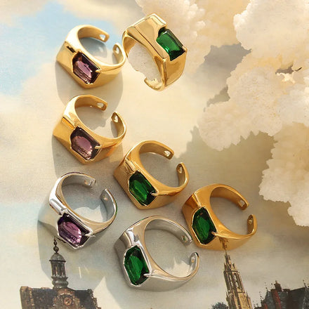 Minos Fashion Stone Rings for Men and Women 18k Real Gold Plated Stainless Steel Gemstone Ring Water Resistant Diamond Ring