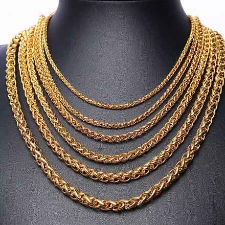 18k Gold Plated Chain Men Necklace Jewelry Stainless Steel Braid Wheat Chain Hips Hops Collar Cuban Curb Custom Chain Necklace