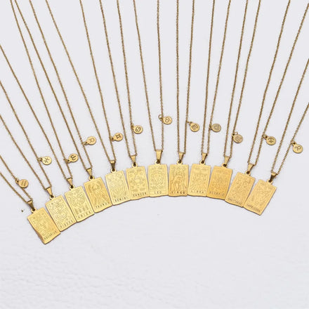 Wholesale 18K PVD Plated Waterproof Jewelry 316L Stainless Steel Tarot Card Necklace 12 Horoscope Zodiac Sign Pendant Necklace
