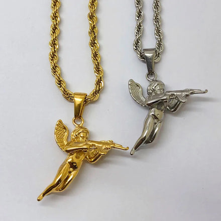 Gun Angel Necklace Fashion Stainless Steel Angel Wings Pendant Rope Chains Hiphop Baby Angel With Gun Charms Jewelry