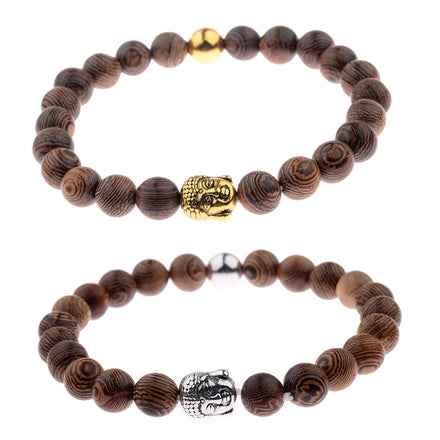 Buddha Head Gold Plated Fashion Wood Bracelet Wholesale Natural Wood Bead Bracelet Unisex