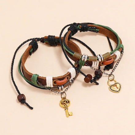 2022 New Braided Vintage Cowhide Bracelet Personalized Creative Locks and Keys Bracelet Couple Bracelet for Woman