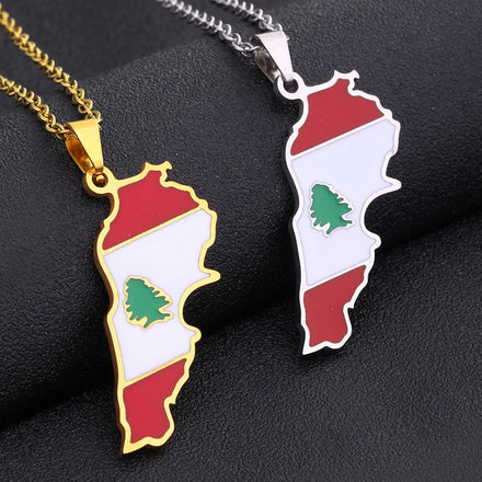 Enameled Lebanon Map Chain Necklaces Stainless Steel 18K Gold Plated Enamel Lebanon National Flag Map Pendant Necklace