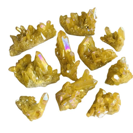 Wholesale Natural Healing Crystal Gemstone Yellow Titanium Flame Energy Electroplating Aurora Polaris Cluster Decoration