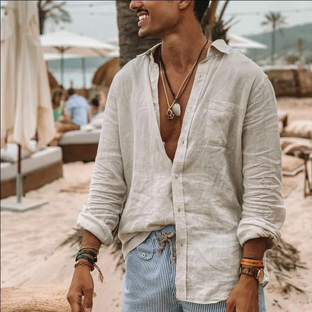 New Autumn Casual Cotton Linen Shirts Single Button Standing Collar Men Solid Color Anti-Pilling Full Sleeve Knitted