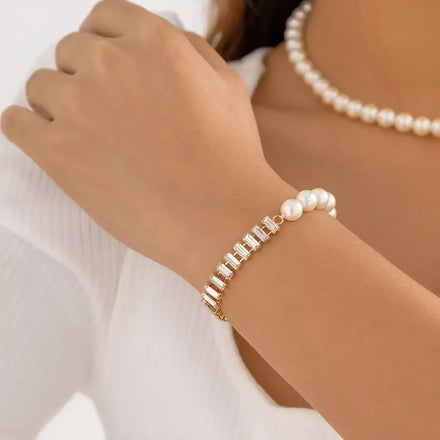SHIXIN Unique Trendy Necklace Hip Hop Double Rhinestone Clavicle Chain Necklace Simple Geometric Square Zircon Pearl Necklace