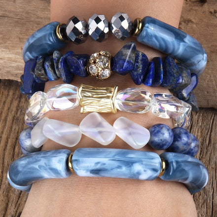 5pc Customize Jewelry Glass Pearl Chain Crystal Glass Natural Gemstone Punk Acryl Pipe Lapis Chip Elastic Stack Bracelet Set