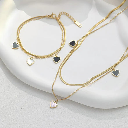Fashion Double Two Layer Chain Bracelet Adjustable No Fade Tarnish 14k Gold Snake Heart Necklace Stainless Steel
