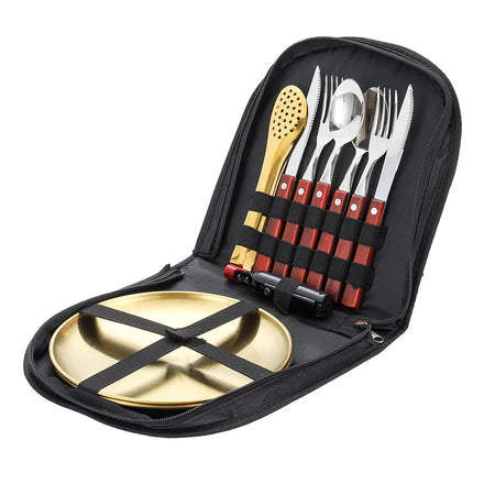 JSJM Eco-Friendly Portable Outdoor Camping Stainless Steel Double Portion Western Food Tableware Set Knife Fork 304 Dinnerware