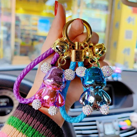 Trendy Cute Electroplated Bear Keychain Fashion 3D Bear Doll Keyring with Leather Rope Pendant for Girl Gift