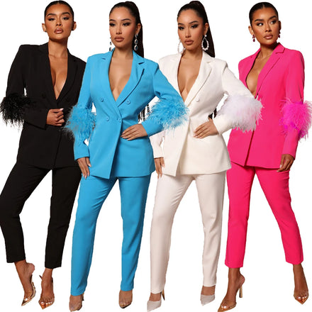 XS-XL Autumn New European and American Women's Fashion Feather Straight Suit Coat 2-Piece Set