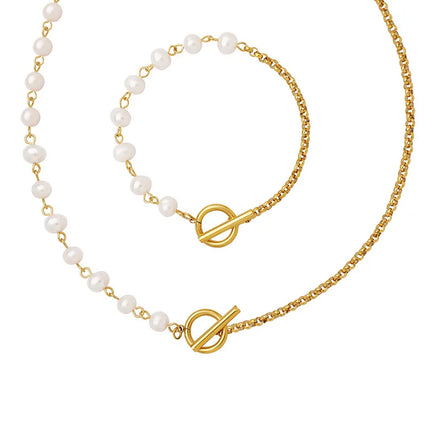 Freshwater Pearl Necklace and Bracelet for Women Stainless Steel Fashion Jewelry Sets 18K Gold Plated Arabic Jewellery