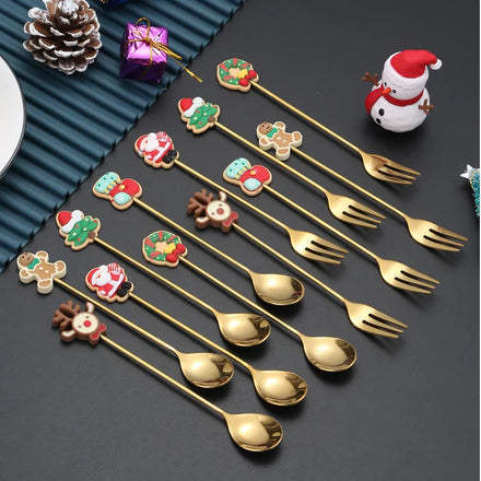 Hot Sale 430 Stainless Steel Kids Mini Gingerbread Man Santa Handle Cutlery Coffee Dessert Fork Spoon Flatware Set