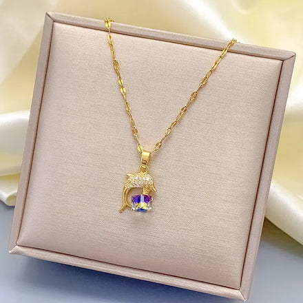 Gold Plated Charm Pendant Titanium Stainless Steel Delicate Diamond Magic Cube Dolphin Pendant Necklace Jewelry for Women