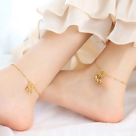 Summer Beach Style Stainless Steel Gold Plated Chain Small Bead and Christmas Lock Bell Pendant Anklets for Men Women