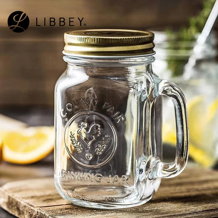 Libbey Snow Globe Tumbler with Handle Square Lead-Free Glass Eco-Friendly 488ml Mason Jar Cups for Giveaways