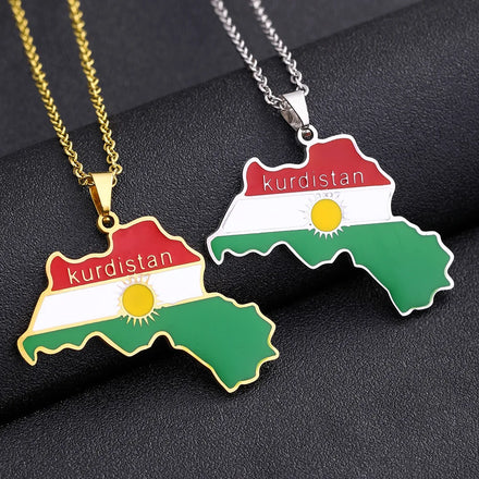 Enameled Kurdistan Map Chain Necklaces Stainless Steel 18K Gold Plated Enamel Kurdistane National Flag Map Pendant Necklace