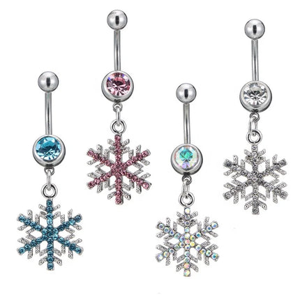 Stainless Steel Externally Threaded Navel Piercing Jewelry Christmas Snowflake Shaped Belly Button Ring With Shiny Zircon