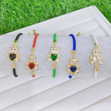 BC3026 Dainty 18k Gold Plated CZ Diamond Cubic Zirconia Bear Charm String Cord Adjustable Bracelets