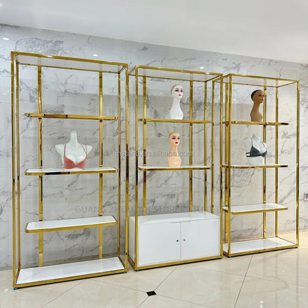Modern Wig Salon Shop Interior Decoration Human Hair Display Stand Cabinet Luxury Stainless Steel Gold Wig Display Rack Shelf