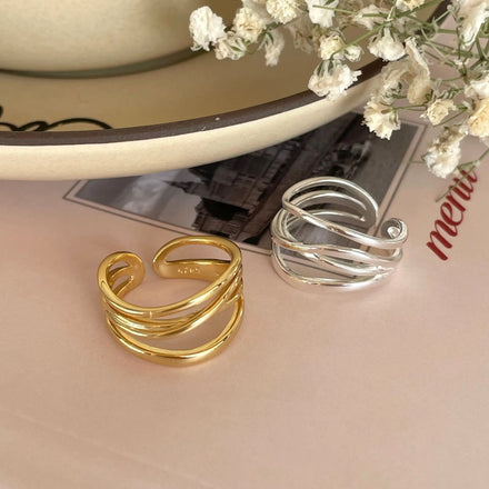 Ins 18K Gold Plated Smooth Irregular Multilayer Open Rings 925 Sterling Silver Four Layers Cross Band Rings