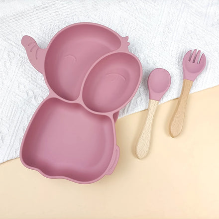 LOW MOQ Baby Silicone Elephant Shape Plato Customized Logo Strong Suction Bottom Bowls With Wooden Spoon and Fork