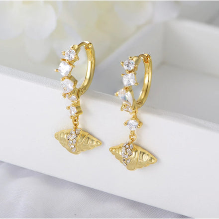 Wholesale Designer Rattling Conch Jewelry Psj Brass 18k Gold Plated Cz Zirconia Long Drop Down Earrings for Women Girls