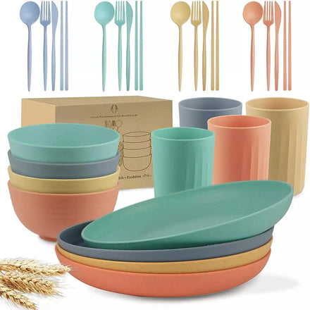 Lightweight Disposable Eco-Friendly Wheat Straw High Grade Modern Kids Dinnerware Set 32 Pieces Unbreakable Plates Bowls Cups