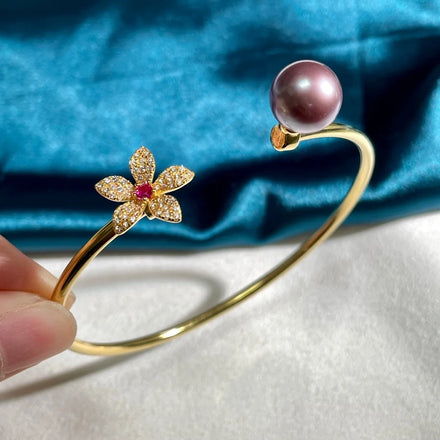 B482 10-11mm 925 Sterling Silver Gold Plated Wholesale Freshwater Pearl Charm Bracelet Bangle Fancy Jewelry for Women