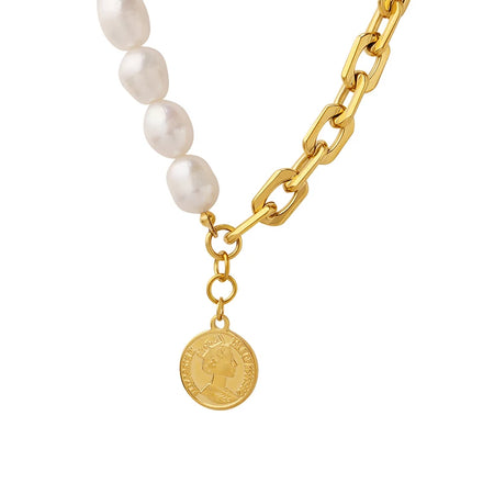 French Double Sided Freshwater Pearl Splice Thick Chain Necklace Jewelry Stainless Steel Chain