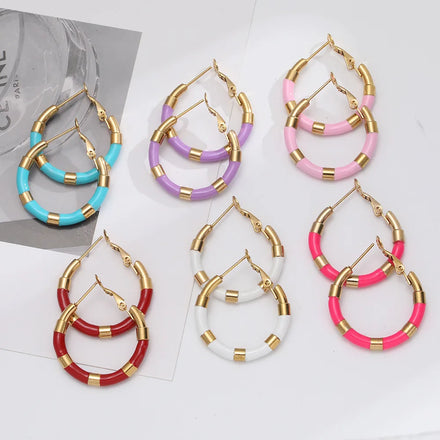 Punk Circle Open Big Earrings Colorful Oil Drip 18K Gold Plated Tube Round Stainless Steel Hoop Earrings for Women