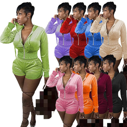 2026 Autumn Winter Solid Color Custom LOGO Two Piece Set Women Joggers Suits Hooded Velvet Flounces Shorts Irregular Casual Suit