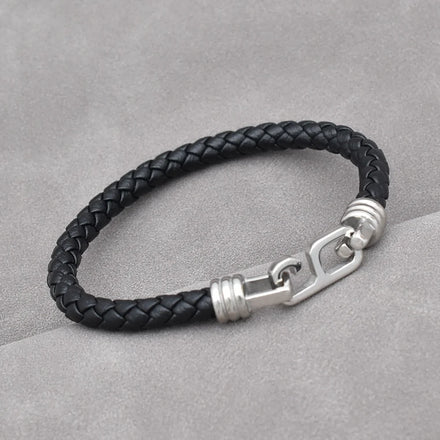 Simple Design Stainless Steel Fashion Bracelet for Men with Real Black Leather Elegant Men's Jewelry