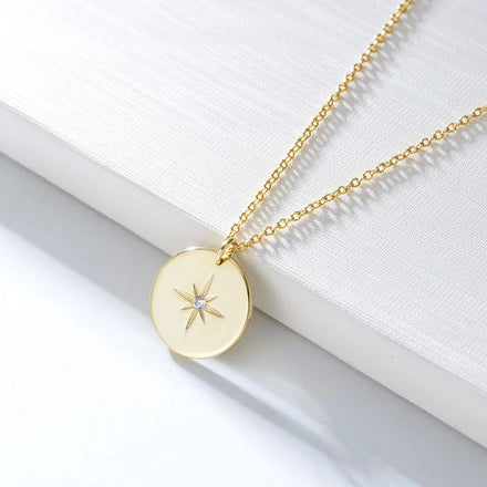 Hot Sale INS 925 Silver Jewelry Psj Round Medal Eight-pointed Star Pendant 14K Gold Plated Choker Link Chain Necklaces