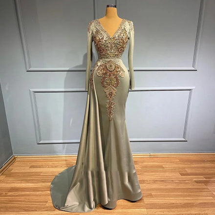 Jancember LSCZ228 Crystal Long Sleeve Sequins V-neck Dresses Party Evening Gowns