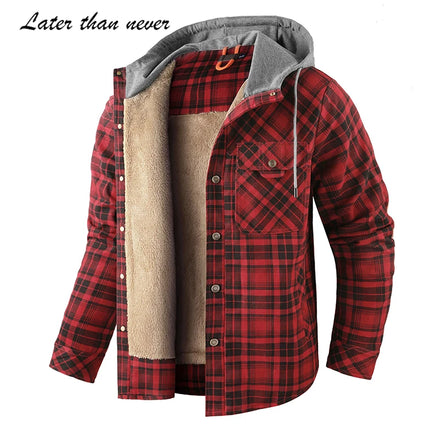 US Size Full Cotton Winter Men's Flannel Thick Shirt Jacket Patchwork Hooded Outdoor Tactical Jacket With Sherpa Lining