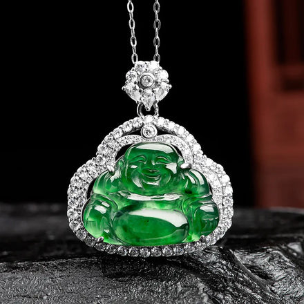 Luxury Natural Jadeite Jade Pendant for Women S925 Silver Inlaid Ice Jade Buddha Necklace Pendant