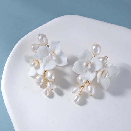 SLBRIDAL Handmade Rhinestones Crystal Pearls Flower Bridal Dangle Earring Wedding Drop Earring Women Girls Fashion Party Jewelry